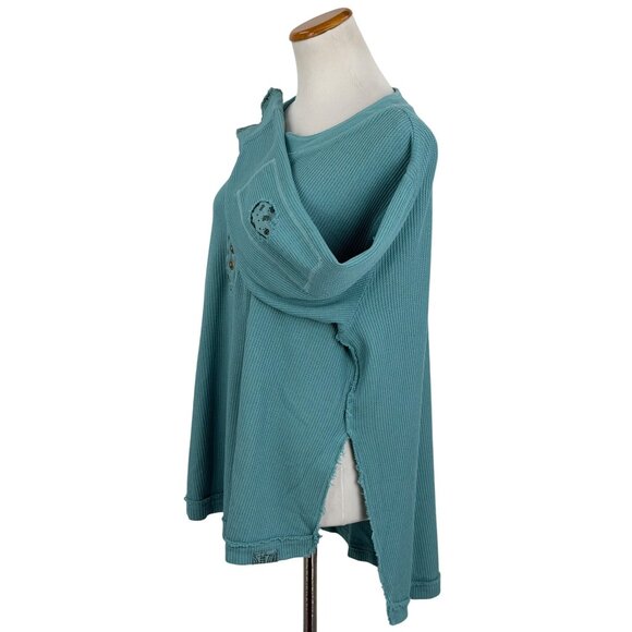 NWT Free People Aqua Henley Distressed Relaxed Thermal |  Coastal Boho Grunge M - Picture 11 of 16
